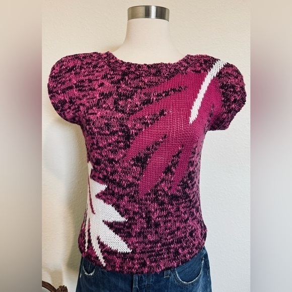 Vintage 80s Palm Leaf Knit Sweater Top Magenta Black Indie Sleaze small - Picture 3 of 6